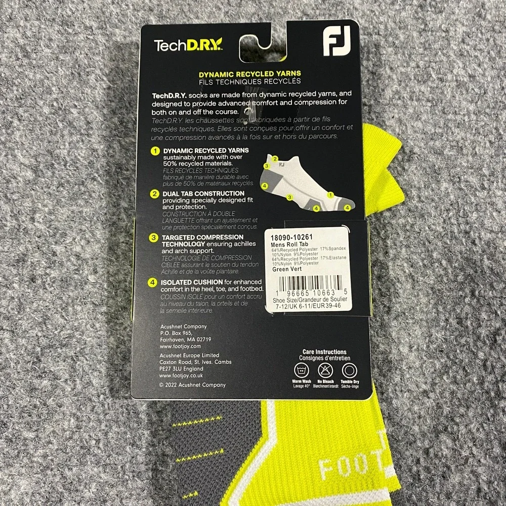 6 Pairs FootJoy Tech D.R.Y. Roll Tab Golf Socks Mens US 7-12 Green Compression